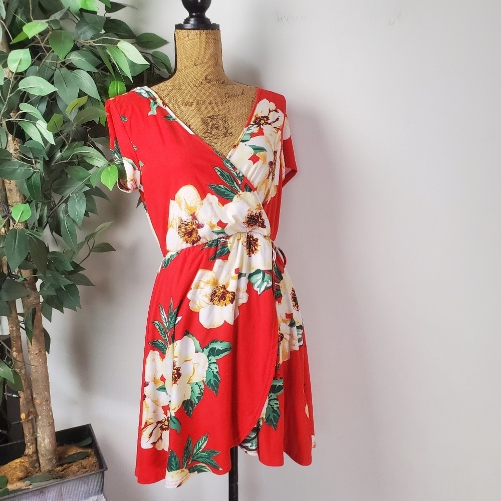 Derek Heart Floral Tropical Wrap Dress Red White Large